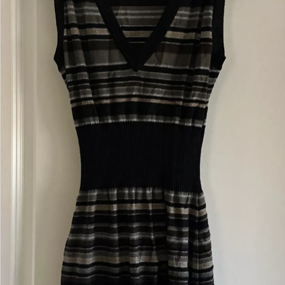 Elegant Metallic Black, Brown and Gray Striped Dress
